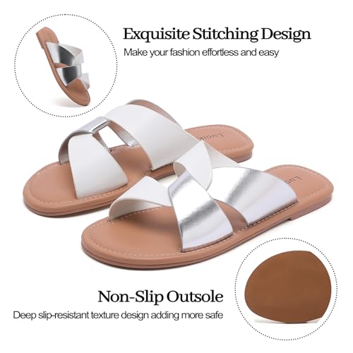 Image of Luoika Women's Wide Width Flat Slides Sandals, Strapy Slide Sandal Slip on Dressy Summer Shoes for Women.