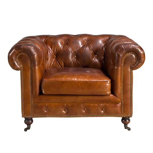 Angel CERDÁ – Sillón con Reposabrazos – Diseño Moderno y Elegante – 120 x 94 x 79 cm – Tapizado en Piel de Origen Vacuno Marrón Coñac con Patas de Madera Caoba