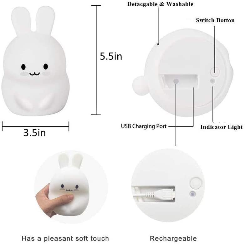 Image of Rabbit Night Light for Kids, Rechargeable LED Children Lamp, Soft Silicone (BPA Free) for Baby /Boys /Girls /Adult, Remote & Touch Control Adjustable Brightness and Colors, Indoors /Outdoors
