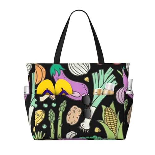 Sac à bandoulière pour femme grand cabas de plage motif nourriture sombre