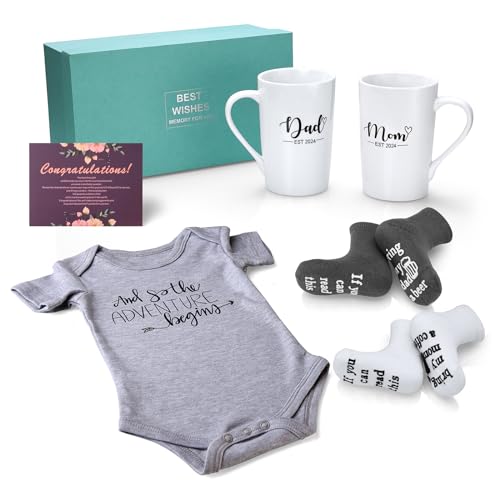 MIYYET Pregnancy Gifts for Expecting Mom – New Mom Gifts, Baby Boy Gifts Including Mom and Dad EST 2024 Mugs, Onesie and Baby Sock, Best Gender Reveal Gifts for New Mom, New Parents Gifts for Couples