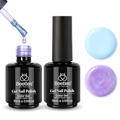 Beetles Gel Nail Polish Set - 2 Colors 15ml Baby Blue Sheer Glitter Purple Soak Off UV Light Blue Gel Polish Set Ethereal Dreams Nail Art Kit DIY Home