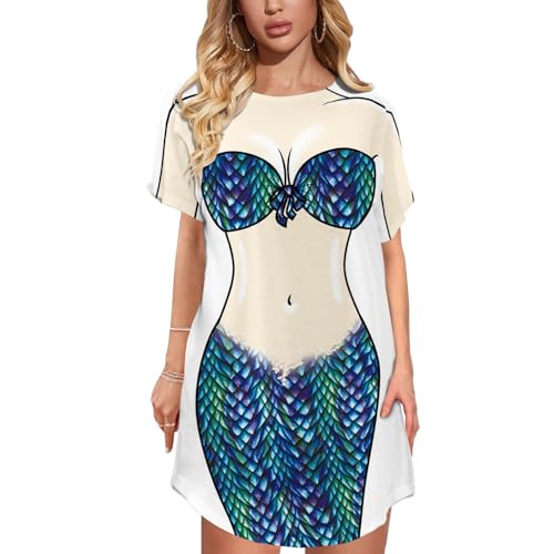 Women's Funny Bikini Beach Cover Up Shirt Short Sleeve Baggy Mermaid Body Print Party Swimsuit Cover-Up Dress