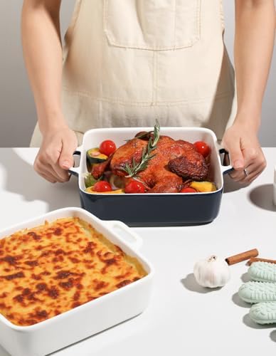 Sweejar 8x8 Baking Pan,Ceramic Casserole Dishes for Oven with Double Handles，2 QT Square Cake Baking Dish for Brownie,Lasagna,Casseroles,Family Dinner (Navy) - Thumbnail 3