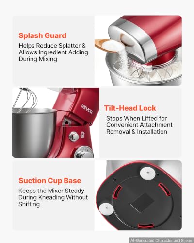 Image of VEVOR 4.2 Qt Tilt Head Stand Mixer 400W Electric Dough Mixer, 6 Speeds Food Kitchen Mixer with Stainless Steel Bowl, Splash Guard, Dough Hook, Whisk, Beater, for Baking Mixing Whipping
