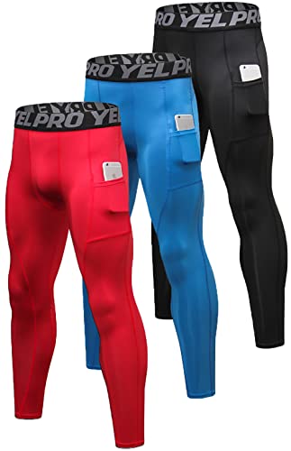 Queerier 3 Pack Men's Compression Pants Active Athletic Leggings With Pockets Running Baselayer Tights Cycling Workout Pants #TOP12