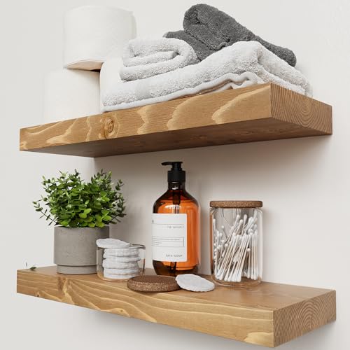 Natural Wood Floating Shelves for Wall 20 Inch Oak, Wooden Bathroom Shelf
