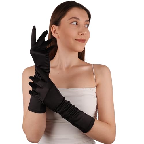 LIMELIA Handmade Satin Formal Gloves for Women, Black, Medium (14 Inches)