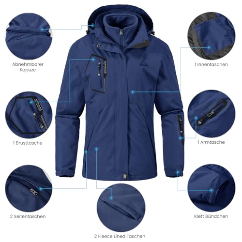 Foto von donhobo Damen 3-in-1 Skijacke mit Fleecejacke wasserdichte Regenjacke Outdoorjacke mit Kapuze Abnehmbare Funktionsjacke Warm Winterjacke Doppeljacke Blau M