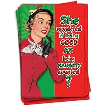 NobleWorks - 12 Vintage Funny Christmas Cards Boxed - Adult Retro Holiday Humor, Notecards with Envelopes 1 Design, 12 Cards - Being Good Counts B5925