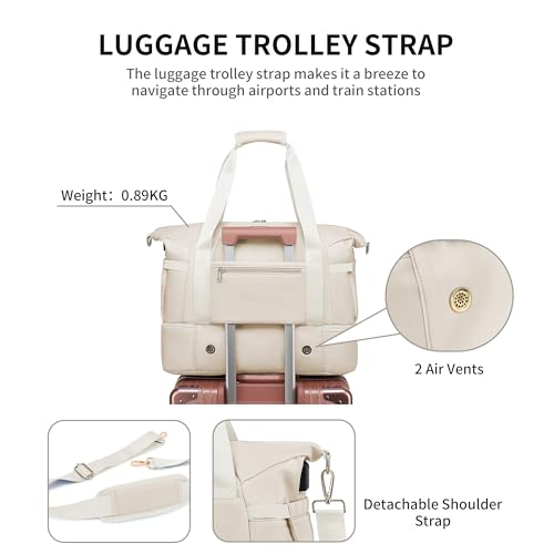 Image of Leaper Sports Duffel Bag with Charging Port, Travel Duffle Weekender Overnight Gym Bag for Women with Wet Pocket and Shoes Compartment, Yoga Crossbody Handbag Beige
