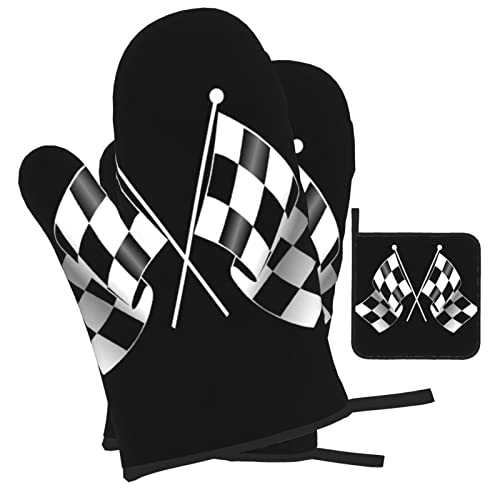 Black White Formula Checkered Flags Pattern Printed Oven Mitts And Pot Holders Sets,Washable Heat Resistant Kitchen Non-Slip Printed Grip Oven Gloves For Microwave Bbq Cooking Baking Grilling #TOP1