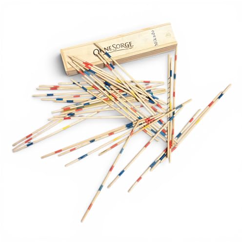 OhneSorge Mikado Spiel aus Holz 41 Holzstäbe in Stabiler Holzbox mit rutschfestem Deckel Klassisches Geschicklichkeitsspiel für Kinder & Erwachsene Reisespiel kompakt 20cm Geschenkidee