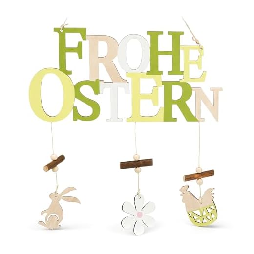 COM-FOUR® Türschild "Frohe Ostern" - Schriftzug mit Hase, Blume, Huhn für Ostern - Oster-Deko zum Aufhängen an Haustür, Wand, Fenster (gelb/grün - 1 Stück)