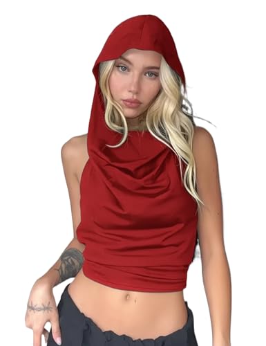 Sexy Backless Hooded Halter Top for Women | Stretchy Festival Crop Top | Rave Concert & Party Wear with Adjustable Tie Red