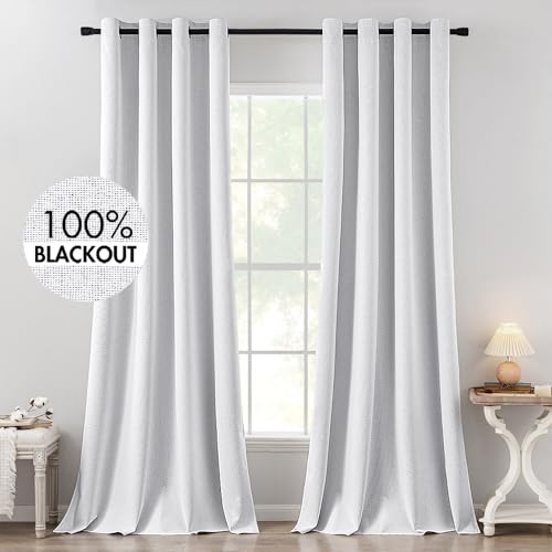 Image of MIULEE Linen Texture Curtains for Bedroom Solid 100% Blackout Thermal Insulated Grayish White Curtains Grommet Room Darkening Curtains /Drapes Decor for Living Room 52x120 Inch (2 Panels)
