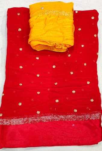 Image of Pure Georgette Sequence Work Saree with Contrast Blouse, Satan Patta Fabric