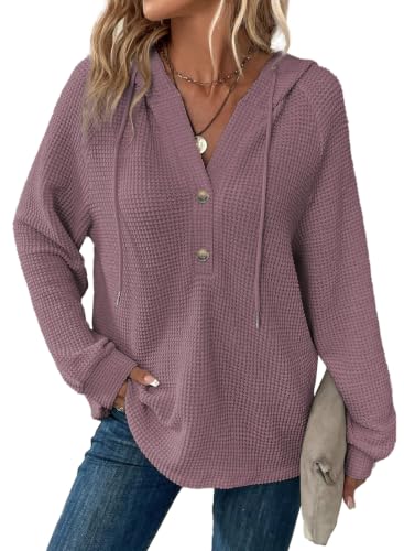 Image of Dokotoo Hoodies for Women Waffle Knit Button V Neck Casual Sweatshirt Tops