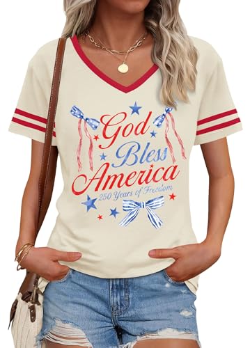 YZMI Womens 4th of July Tops God Bless America V Neck Shirts Celebrate 250 Years of Freedom Short Sleeve Tee Apricot XXL