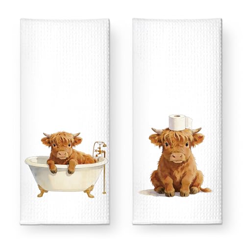 ZBBFSCSB Highland Cow Pattern Bathroom Hand Towels 2 Pack, Cute Scottish Cattle Farm Animal Hand for Bathroom Decorative, Easter Birthday Towels Gifts for Hostess Mom Friend Cow Lovers