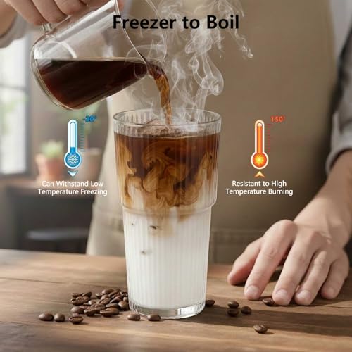 Image of Ruckae 20oz Ribbed Glass Tumbler with Lids and Straws - 2 Pack Leak Proof Iced Coffee Cup- Aesthetic Glass Cups with Bamboo Lids for Home,Office,Travel and Gifts (2, Transparent)