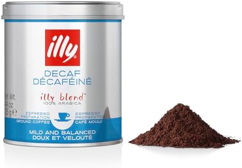 illy Decaffeinated Ground Coffee, Medium Roast, 100% Arabica, Finely Ground for Espresso & Moka Pot Coffee Makers, Low Caffeine, 125g Tin
