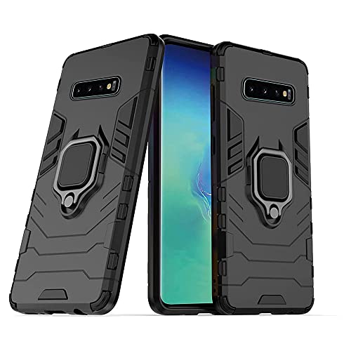 Image of WOW IMAGINE Shock Proof Back Case Mobile Cover for Samsung Galaxy S10 Plus (Armor | Hybrid PC + TPU | Full Protection with Ring Holder Kickstand | Carbon Black)