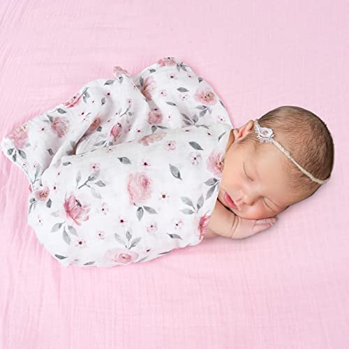 Phf 4 Pack 100% Cotton Baby Muslin Swaddle Blankets, Super Soft Breathable Comfy Baby Swaddle Wrap Set, Receiving Blanket For Infant Baby Girls&Boys, Floral/Flower/Pink/Wave #TOP1