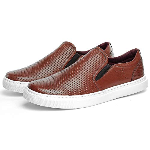 Sapatenis Iate Slip On Masculino Couro Furadinho Cor:Bege;Tamanho:37