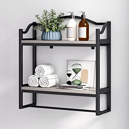 Dr.iron Industrial Bathroom Shelves Over Toilet,Wall Shelves For Bathroom Decor Towel Racks With Towel Holder,2 Tier Bathroom Shelves With Towel Bar(Black Bracket & Gray Shelves) #TOP2