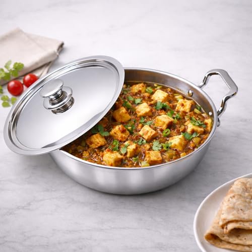 Image of SOLARA Sterra Stainless Steel Kadai /Kadhai with Lid, 24cm /9.4 inch, 3Ltr, Induction Base Friendly, 3-Layer Triply Thick Sandwich Bottom, 100% Toxin-Free, No Chemical Coating