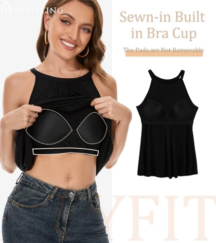 Image of Women Halter Tank Top with Built in Bra Flowy Sleevless Padded Camisole Loose Fit Summer Shirt Top S-3XL