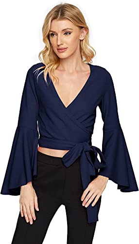 Image of TASHVIKA'S Women's Long Sleeve V Neck Tie Knot Wrap Blouse Top