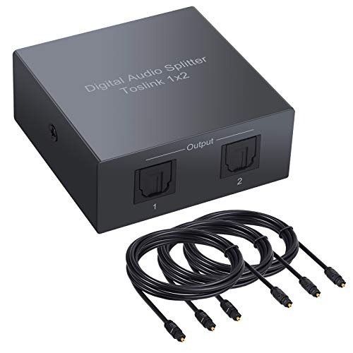 Splitter Óptico 1x2 Salidas SPDIF Toslink Divisor de Audio Digital con 3 Cables Ópticos Soporte LPCM 2.0 / DTS/Dolby-AC3 para PS3 STB VHS VCR Blue-Ray DVD HDTV Barra de Sonido Amplificador