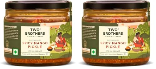 Image of Two Brothers Organic Farms Spicy Mango Pickle (300g) Handmade with Native Gavran Kairi | Wood-Pressed Sesame Oil | No Vinegar, Additives or Preservatives | Traditional Family Recipe (Pack of 2)