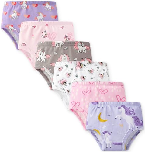 Yoofoss Girls Underwear 100% Organic Cotton Soft Toddler Kids Underwear Tag-free Comfort Girls Panties 6-Pack - Purple Unicorn 5T