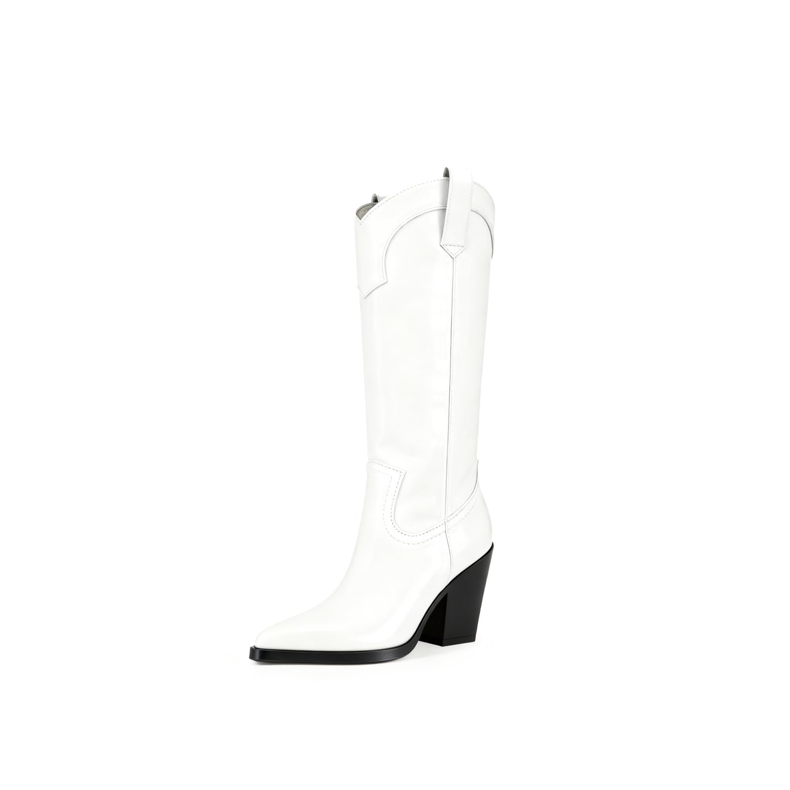 Womens Western Knee High Cowgirl Boots - Pointed Toe 9cm Chunky Heel Leather Riding Boots With Wide Calf