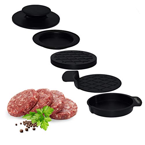 Bruzzzler Set de Prensa, 5 Piezas, 50 Hojas de Papel Antiadherente, Haga Hamburguesas con Ingredientes Propios, Fina, Normal, rellena, Apto para lavavajillas, Negro