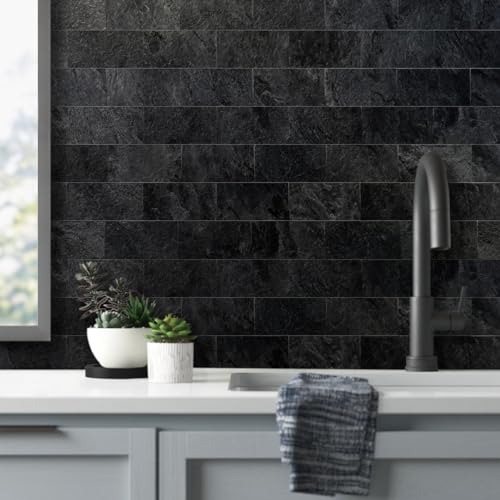 AULIGET 3" x 6" Subway Tile Peel and Stick Backsplash, Thick PVC Stick on Wall Tiles for Backsplash Kitchen, Bathroom, Laundry Room, Camper, Fireplace (4, Black Slate) - Thumbnail 2