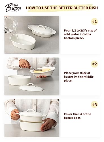 Large Butter Dish With Lid - Airtight Butter Keeper Container Holds Up To 2 Sticks Of Butter - Porcelain Container With Beech Wooden Lid, White, Better Butter & Beyond #TOP4