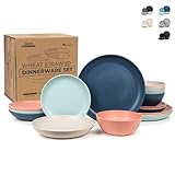 Grow Forward 16-piece Premium Wheat Straw Dinnerware Sets for 4 - Dinner Plates, Dessert Plates, Pasta Bowls, Cereal Bowls - Microwave Safe Plastic Plates and Bowls Sets, RV, Camping Dishes - Tropical
