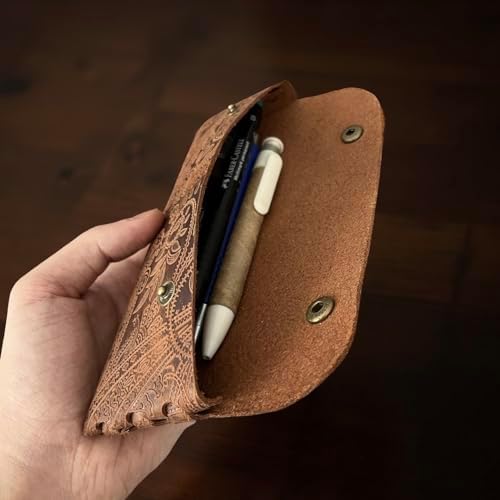 El Yapımı Kalemlik Hakiki Deri, Deri Küçük Kalem Kutusu – İş, Ofis, Okul Aksesuar Tutucu, Klasik ve Minimal El Yapımı Tasarım Vintage Kalemlik (Desenli Taba) - Görsel 2