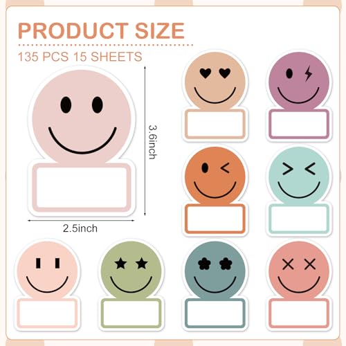 Image of Whaline 135Pcs Boho Smile Face Name Tag Stickers 9 Designs Nameplate Decals Cute Classroom Bulletin Board Labels for Back to School Student Desk Office Wall Decor