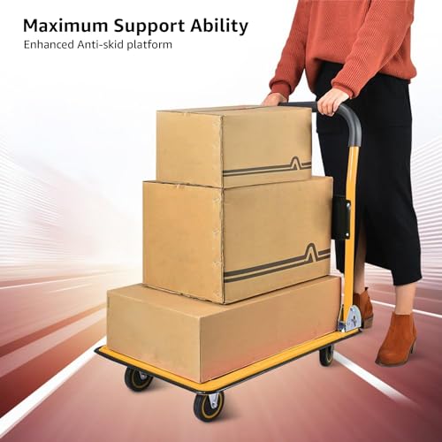 Image of Equal 300kg Capacity Steel Foldable Platform Trolley for Heavy Weight /Material Handling Goods Trolley for Home, Office, Warehouse & Industries - 61cm x 91cm (5 inch Wheel /Yellow Color)