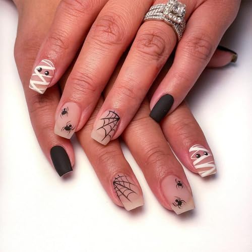 Evadollina Halloween Nägel, 24 peças unhas postiças com design de lustre, unhas de Halloween, unhas adesivas, unhas artificiais adesivas (Tipo A)