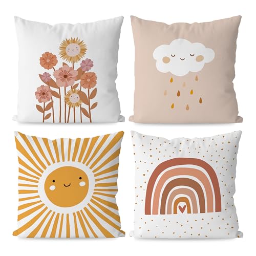 Image of KEUSPI Boho Nursery Sun Cloud Rain Flower Rainbow Throw Pillow Covers,Bohemian Throw Pillow Covers 18×18 Inch Set of 4,Home Girls Kids Room Nursery Playroom Decor,Boho Gifts for Baby Girls