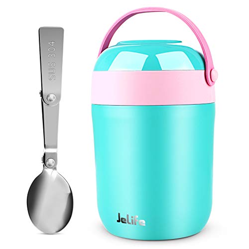Jelife 16Oz Insulated Food Jar Hot Food Containers For Lunch School Soup Thermos For Kids, Vacuum Leak Proof Stainless Steel Lunch Bento Box With Foldable Spoon For Food Travel Camping #TOP7