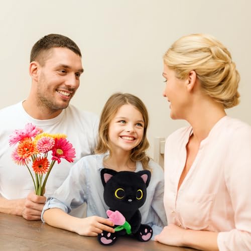Image of Black Cat Plush Holding Pink Tulip - 8 inch Kawaii Stuffed Cat with Flower, Soft Cute Plush Toy for Mom, Cute Stuffed Animals for Girls & Kitten Lovers