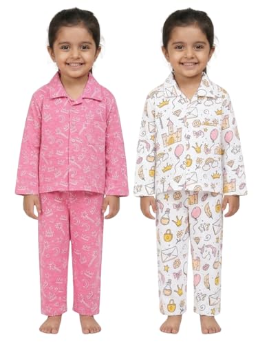 Image of The Mom Store Cotton Night Suit for Kids Boys and Girls | Breathable Night Dress for Kids Boys and Girls | Printed Pajama Set | All-Season Daily Use Sleepwear | Pink, Fairy | 7-8Y | Pack of 2