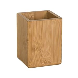OSCO Bamboo Square Pen Pot, MOSO Bamboo Desk Tidy & Office Organiser, Compact Square Pencil Holder for Workspace, Makeup Brushes & Cosmetics, 10.2×7.7×7.7 cm, Single